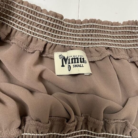 Show Me Your Mumu brown ruffle off shoulders elastic neckline chiffon top - Picture 5 of 6